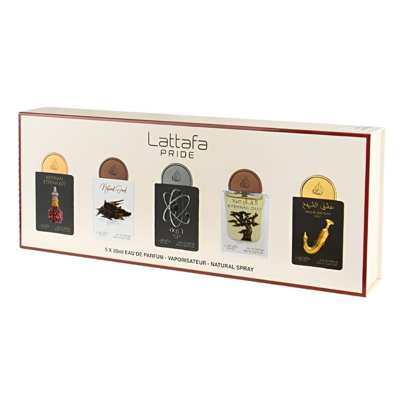 Lattafa Pride Mini Gift Set 5 x 20ml (Artisan Ethnique / Natural Oud / Tharwah Silver / Eternal Oud / Shuyukh Gold) 100ml (3.38 oz) Unisex Fragrance Set