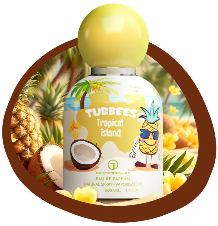 Grandeur Tubbees Tropical Island Unisex Eau De Parfum Standard Spray - 1.7 oz (50ml) - Citrus Blend, Almond, Jasmine, Coconut, Sandalwood, Vanilla, Musk Scent - Long-Lasting Liquid Spraying Almond Perfume Unisex Fragrance