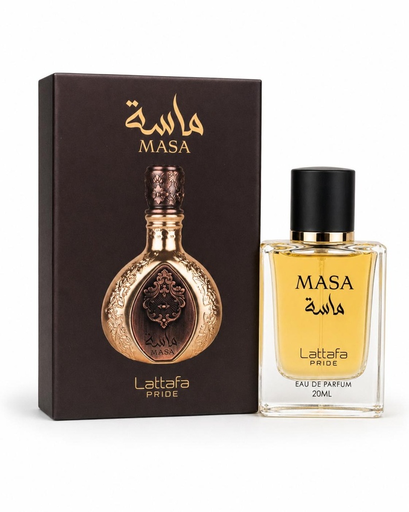 Lattafa Pride Masa Eau De Parfum 20ML - Unisex Travel Size Liquid Fragrance with Mango, Saffron, Lemon, Pink Pepper, Osmanthus, Orange Blossom, Suede, Amber, Liquid Unisex Fragrance
