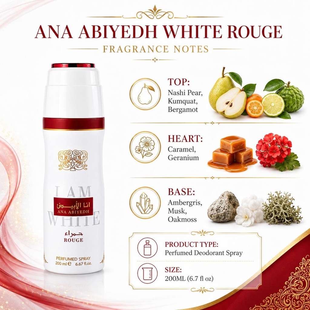 Lattafa Ana Abiyedh Rouge Scented Cosmetic Perfumed Deodorant Spray 200ML - Unisex Fragrance with Nashi Pear, Kumquat, Bergamot, Caramel, Floral Geranium, Ambergris, Musk - Smooth Beauty Spray