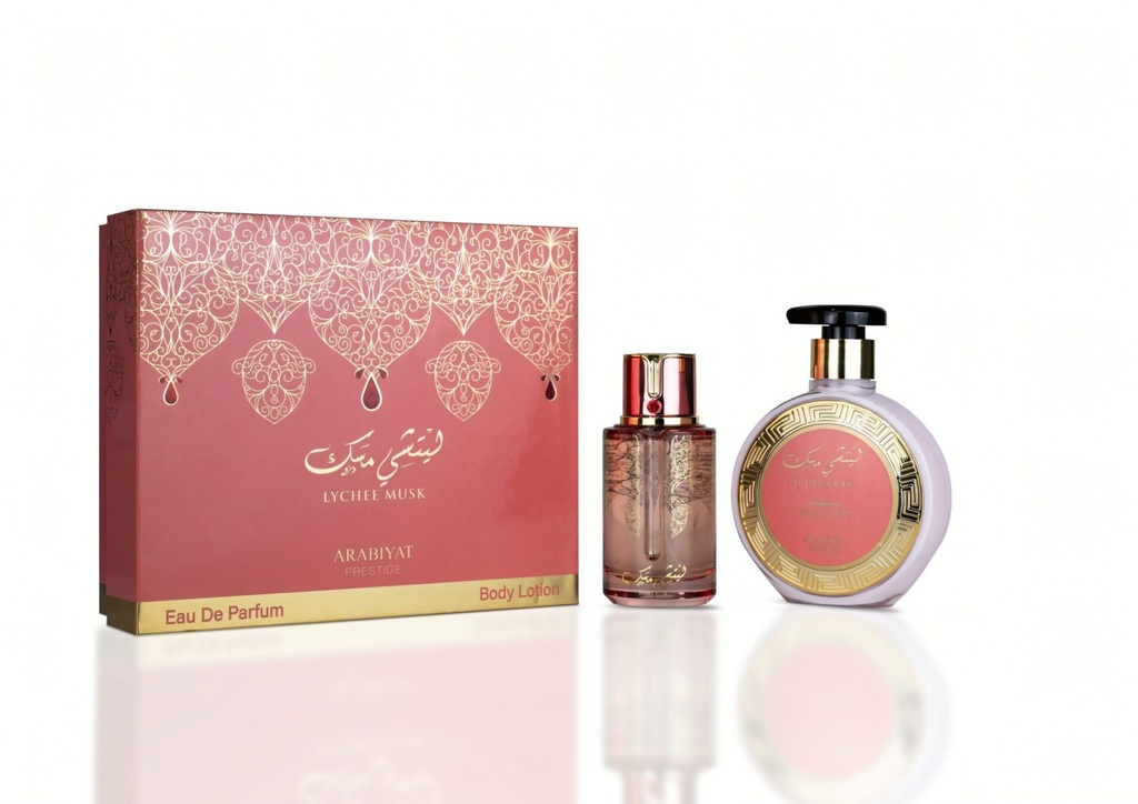 Arabiyat Lychee Musk Unisex EDP Perfume Set by My Perfumes LLC - 100ml EDP + Body Lotion Multi-pack, Fruity Floral Vanilla Scents with Rose Floral Heart, Creamy Musk Drydown, 36-Month Shelf Life, Harmful-Ingredient-Free for Everyday Wear