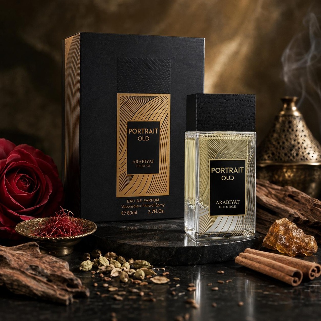 Arabiyat Prestige Portrait Oud Eau De Parfum (EDP) 80ML - Unisex Spiced Amber Fragrance with Bergamot, Saffron, Rose, Cinnamon, Amber, Sandalwood, Oud Wood, Musk - Long-Lasting, Spiced Amber Unisex Fragrance